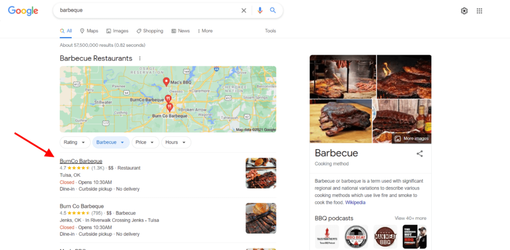 Google search results for local barbeque restaurants