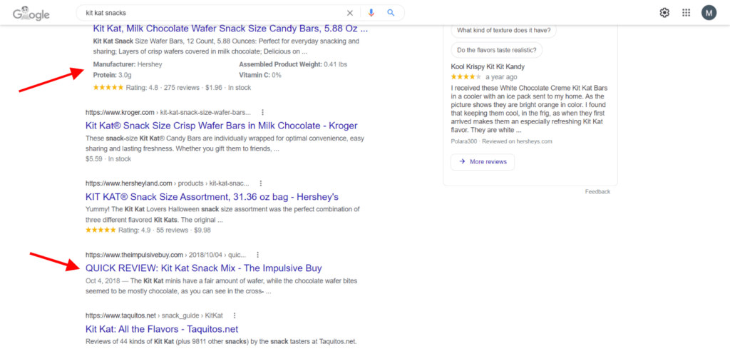 Google search results with rich snippets and usual results