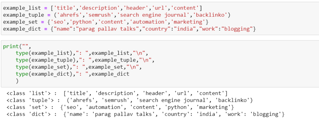 list, tuple, dict, set, data structure in python