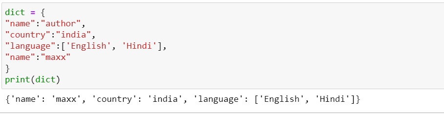 python dictionary example, key value pair