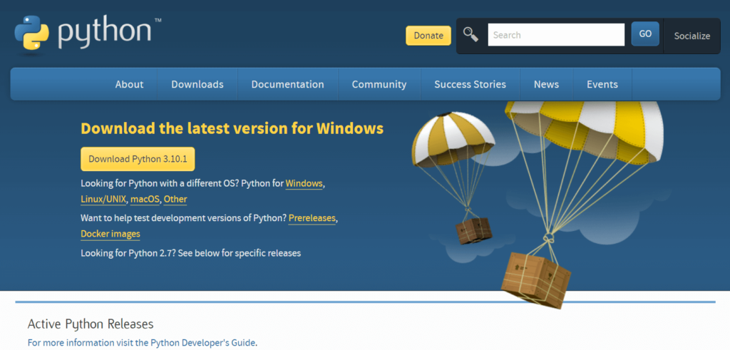 Homepage of Python Programming Language Download