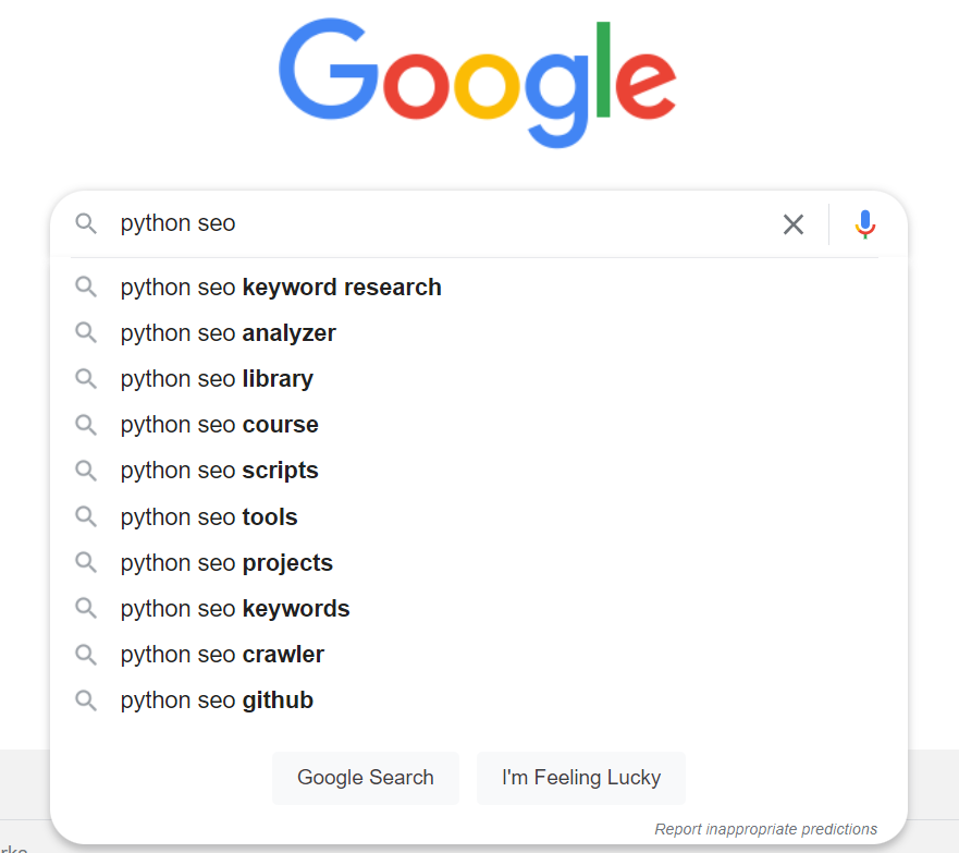 google autosuggestions for python seo keyword